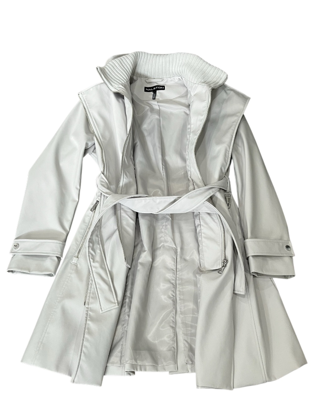 Halston Trench Coat Light Grey Size Large - Picture 8 of 16